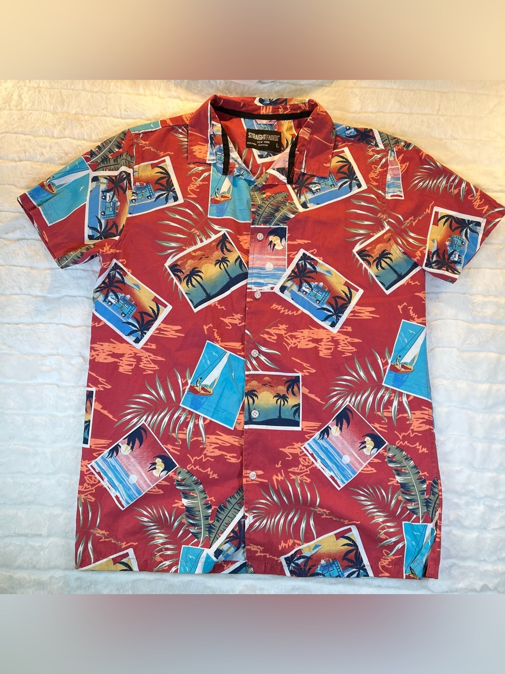 Straight Faded Retro Vacation Postcard Hawaiian Camp Shirt Red Men's Large